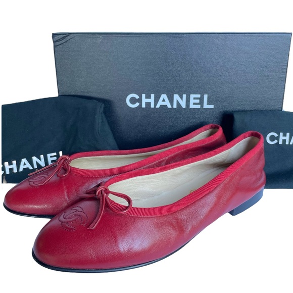 CHANEL Shoes - CHANEL Classic Red Leather Bow Ballet Flats In Box with Dust Bags Size 37.5